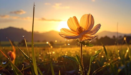 A single delicate flower backlit by the golden light of a serene sunrise, with dew drops glistening on the grass in a peaceful meadow.