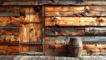 Rustic Wooden Door and Wall with Weathered Planks and Barrel in Warm Lighting
