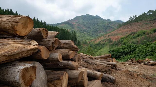 A picturesque scene showcasing neatly stacked logs amidst a backdrop of lush green mountains, depicting the connection between human activity and natural landscapes.