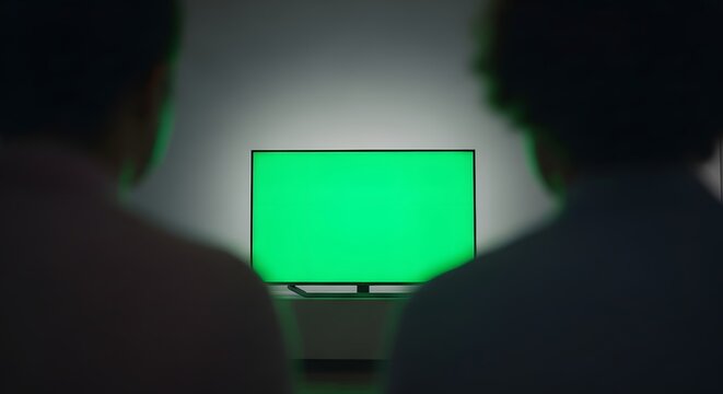 Two people watching a bright green screen on a modern television, anticipating content creation and virtual experiences.