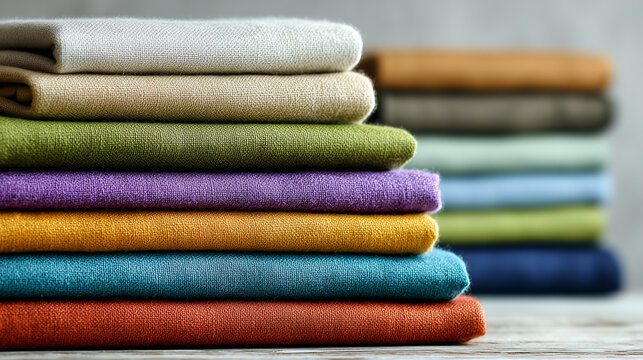 Stack of colorful fabrics folded neatly, showcasing variety and texture