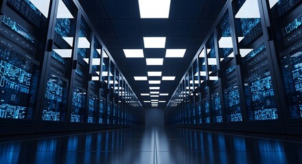 Futuristic data center corridor with glowing blue circuit board patterns on server racks and modern ceiling lights creating an innovative tech atmosphere