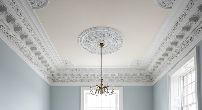 Ornate ceiling with chandelier and decorative plasterwork showcasing classic architectural design elements and