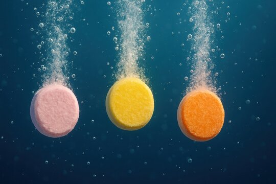 Metabolism support vitamin. Effervescent tablets dissolve in water, creating colorful bubbles and a vibrant underwater scene.