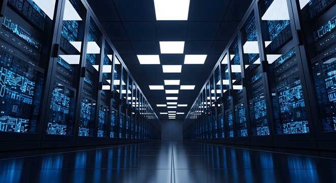Futuristic data center corridor with glowing blue circuit board patterns on server racks and modern ceiling lights creating an innovative tech atmosphere