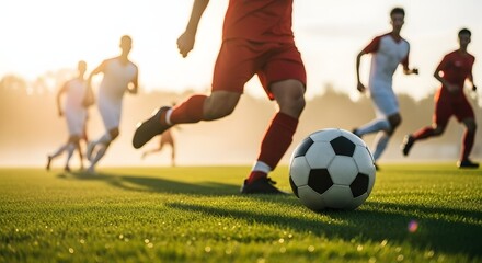 Dynamic soccer players in action on a vibrant green field bathed in golden hour sunlight, capturing the thrill of the game.