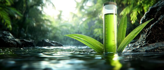 Green Liquid in Test Tube in Rainforest Stream.