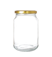 A transparent glass storage jar with a gold-color metallic lid. File with Clipping Path.