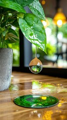 Water Droplet Hanging from a Leaf, Reflecting Light and Nature.