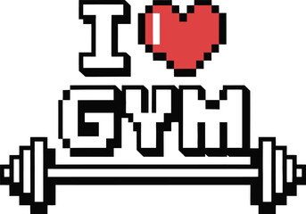 Pixel art i love gym with dumbbell and heart icon