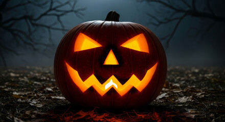 Fototapeta premium Spooky Halloween pumpkin with carved face in dark outdoor setting