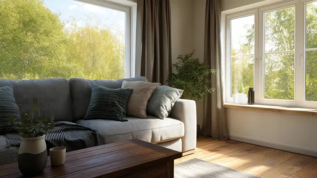 A serene living room featuring a comfortable grey sofa, decorative cushions, and large windows letting in warm, natural light, complemented by greenery outside, creating a cozy retreat.