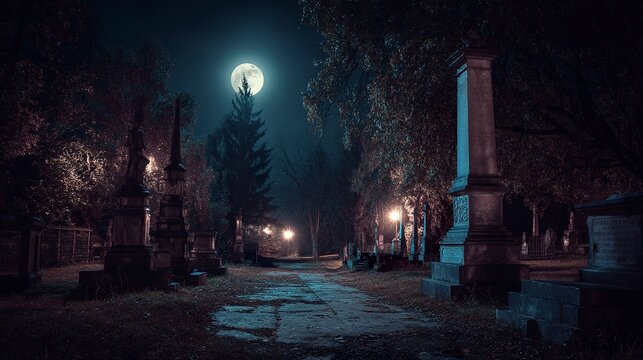 Creepy Abandoned Cemetery Under Supernatural Moonlight 