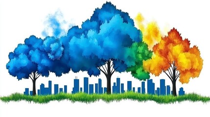 Four Seasons Trees Over Cityscape.