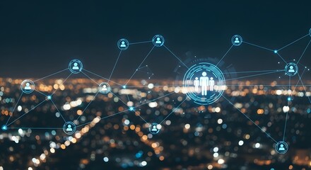 Global digital network connecting people across a bokeh cityscape at night, illustrating modern communication and teamwork.