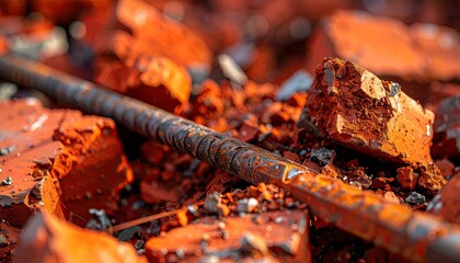 Rusty Rebar Embedded in Broken Red Bricks with Debris in Sharp Focus Under Bright Sunlight