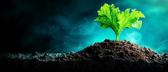 Sprout Emerging from Soil with Teal Smoke