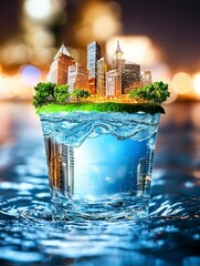 Cityscape Island in a Glass of Water.