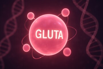 Metabolism support vitamin. Digital illustration of a glowing atom with "GLUTA" text, symbolizing biochemical elements and beauty.
