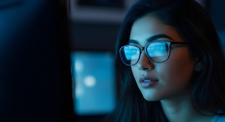 Focused young woman wearing glasses, intensely concentrating on a glowing computer screen in a dark, modern workspace, reflecting digital light.