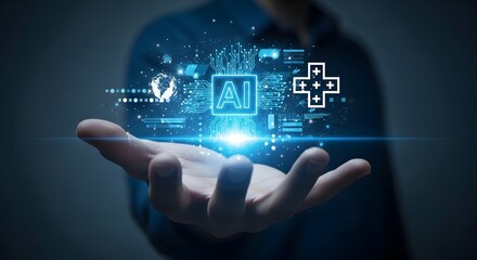 Captivating AI innovation glowing from an open palm, symbolizing future technology and global connectivity for business growth and transformation.