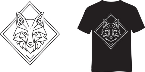 Black t-shirt design with geometric fox head in diamond frame, bold outline vector logo illustration