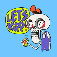 Funny skeleton cartoon with cap and soda can saying let’s ripp Vector illustration