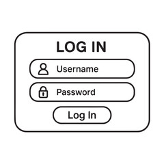 A vector artwork displays mobile phone login interface, username and password input visible, monochrome black and white, outlined strongly with thick black.