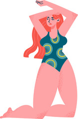 Woman in swimsuit with arms overhead kneeling on a white background