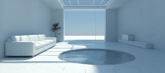 A minimalist, modern indoor space featuring a circular pool and plush white furniture, bathed in natural light.