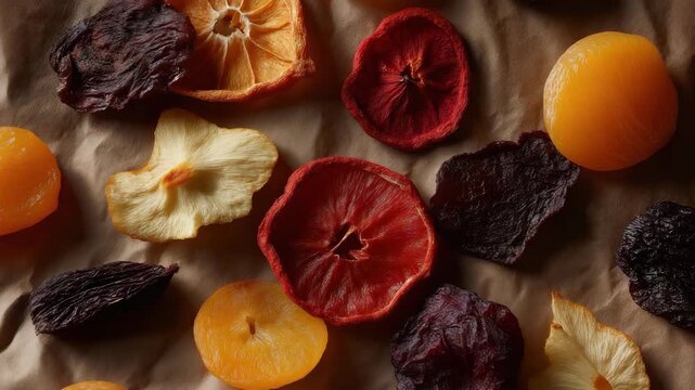 An aesthetically pleasing arrangement of assorted dried fruits displayed on a natural surface, showcasing vibrant colors and textures, celebrating healthy snacking and natural sweetness.
