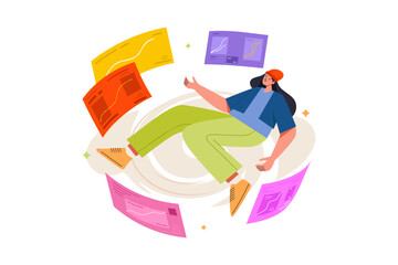 Woman juggling reports and charts