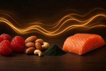 Metabolism support vitamin. Fresh salmon fillet with nuts and raspberries on a dark wooden surface, accentuated by swirling lines of light.