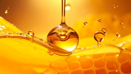 Obraz premium Rich golden honey dripping over a fresh honeycomb