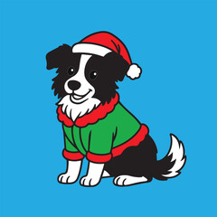 A colorful vector sticker features Border Collie dressed in Christmas outfit, playful festive art, suitable for seasonal greeting cards, posters, and merchandise.