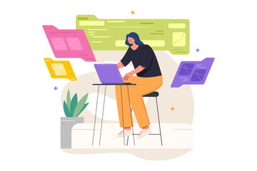 Woman on stool using laptop with floating digital charts and graphs