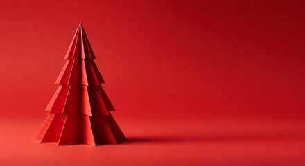 Minimalist Red Paper Christmas Tree Festive Holiday Decoration on Bold Background