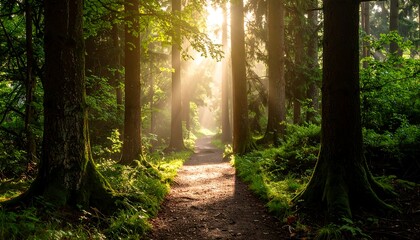 Obraz premium Forest path with sun beams
