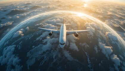 Fototapeta premium An airplane circles the world, the adventurous scene illuminated by gentle sunlight. Airplane, world, with copy space
