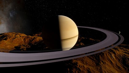 Ringed planet seen from a rugged alien landscape