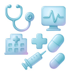 Modern 3D medical icons representing healthcare science technology and patient care with a clean aesthetic icon set