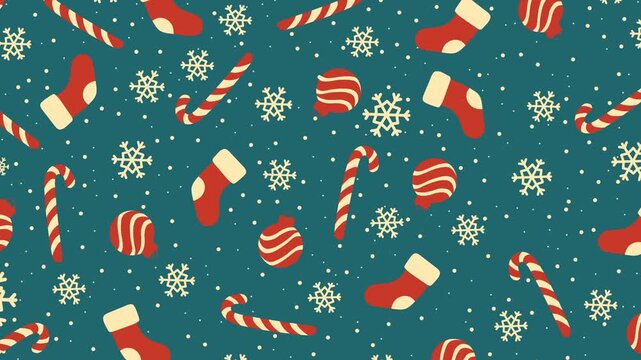 Seamless 4K animated Christmas background with candy canes, stockings, baubles, and snowflakes on teal backdrop. Perfect for festive greetings, wrapping, ads, party invites, and holiday videos.