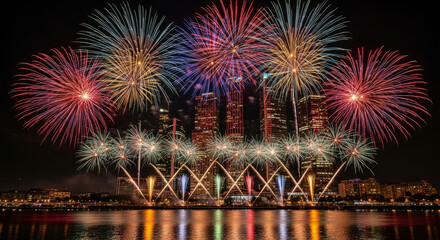Colorful fireworks exploding over city skyline at night