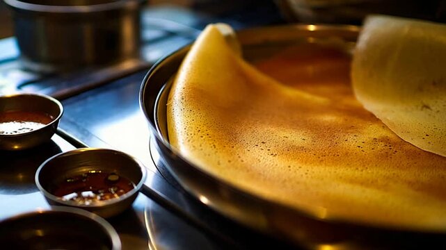 Delicious golden dosa and dipping sauces prepared for a savory meal.