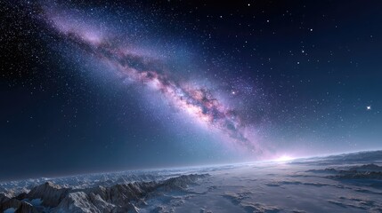 Stunning Milky Way Galaxy Above Snowy Landscape with Sparkling Stars in Night Sky Astronomy Background