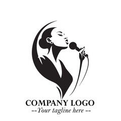 Black and White Woman Singing Logo Symbol in Minimalist Elegant Vector Design for Music and Performance