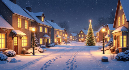 Winter Night Scene with Snow - Covered Houses and Christmas Tree