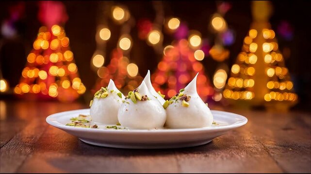 Delicious white dessert with pistachio toppings on a plate, festive bokeh lights background.