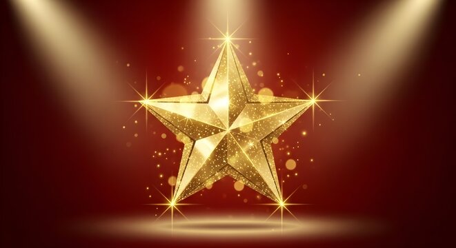 Golden star spotlighted on dark red background with bokeh