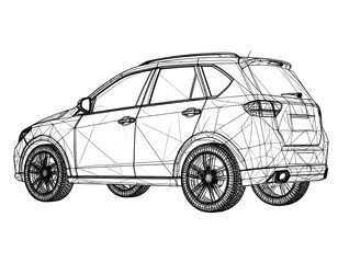 Detailed Wireframe Illustration of a Modern SUV Car in Technical Drawing Style